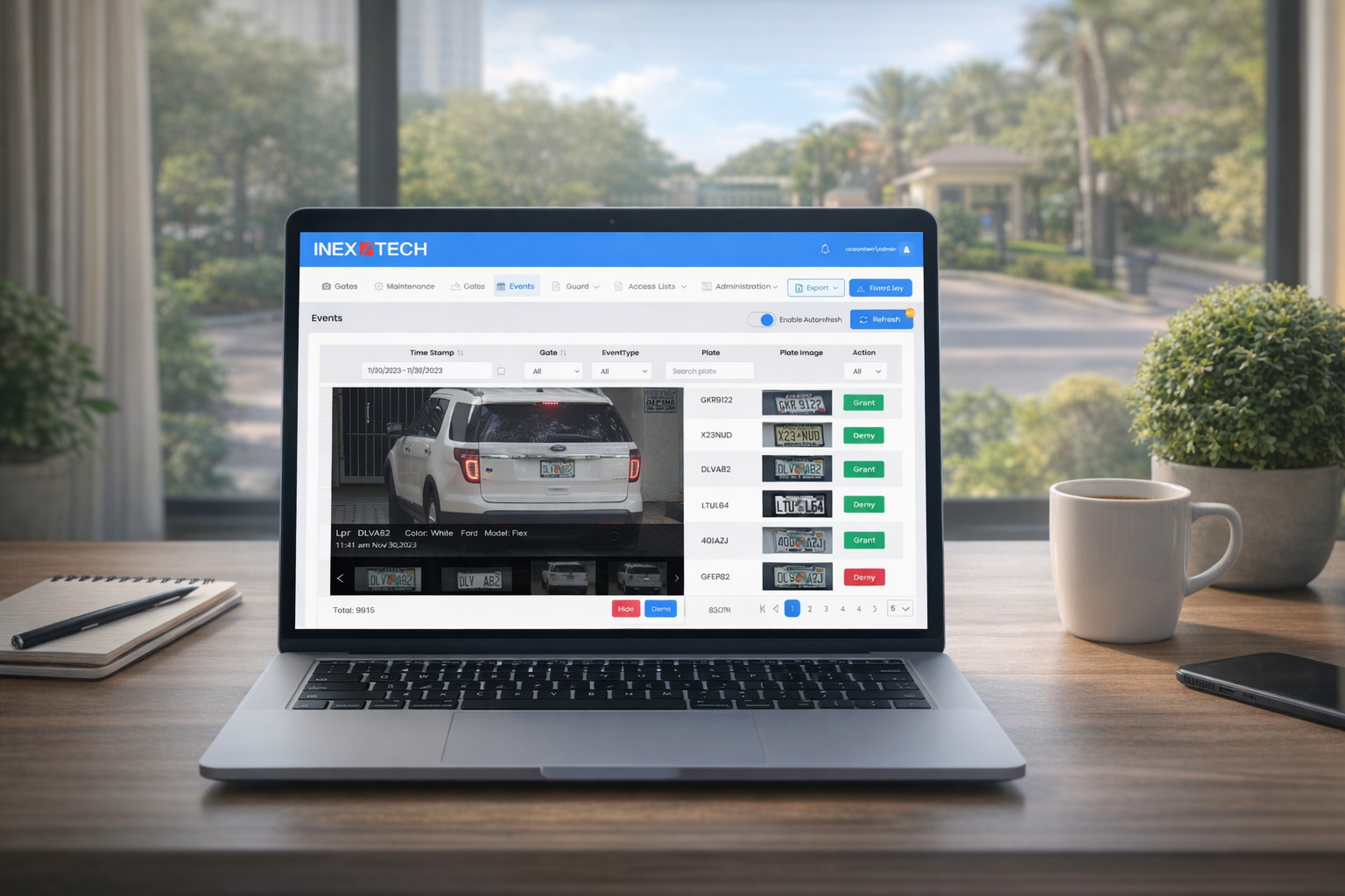 Cloud-based HOA gate access control dashboard showing vehicle entry logs and license plate recognition events.