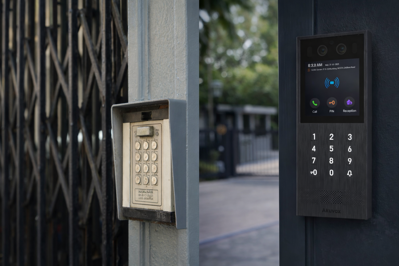 Comparison of traditional HOA gate keypad system and modern AI-powered intercom for automated gate access control.
