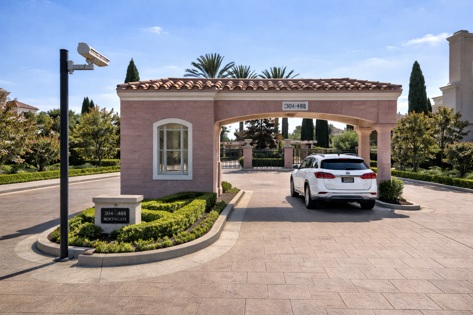 Vehicle entering a modern gated community entry system at residential property