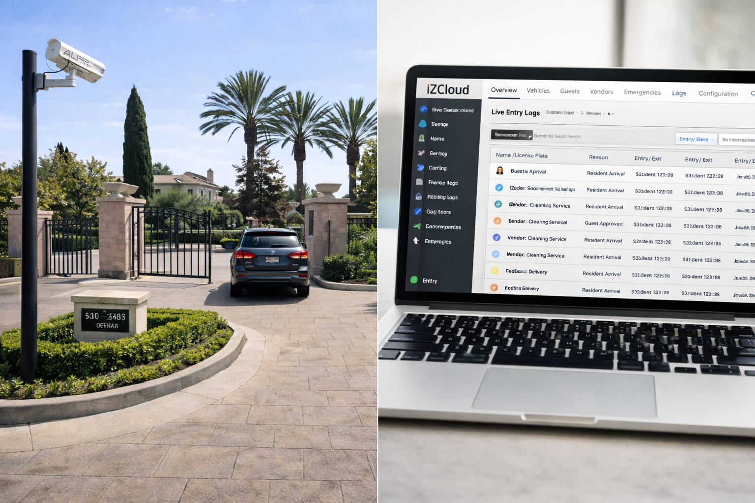 ehicle entering gated community entry system with cloud-based access management dashboard